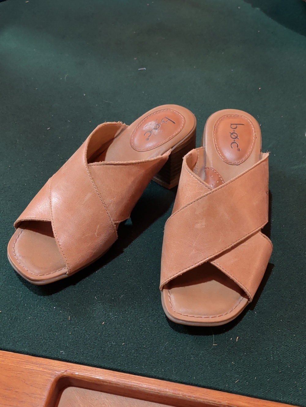 b.o.c. Tan Leather Crisscross Open-Toe Block Heel Mules
